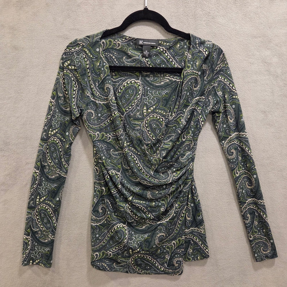 INC International Concepts Faux Wrap Mesh Top Women M Paisley Ruched Whimsigoth - Picture 1 of 11